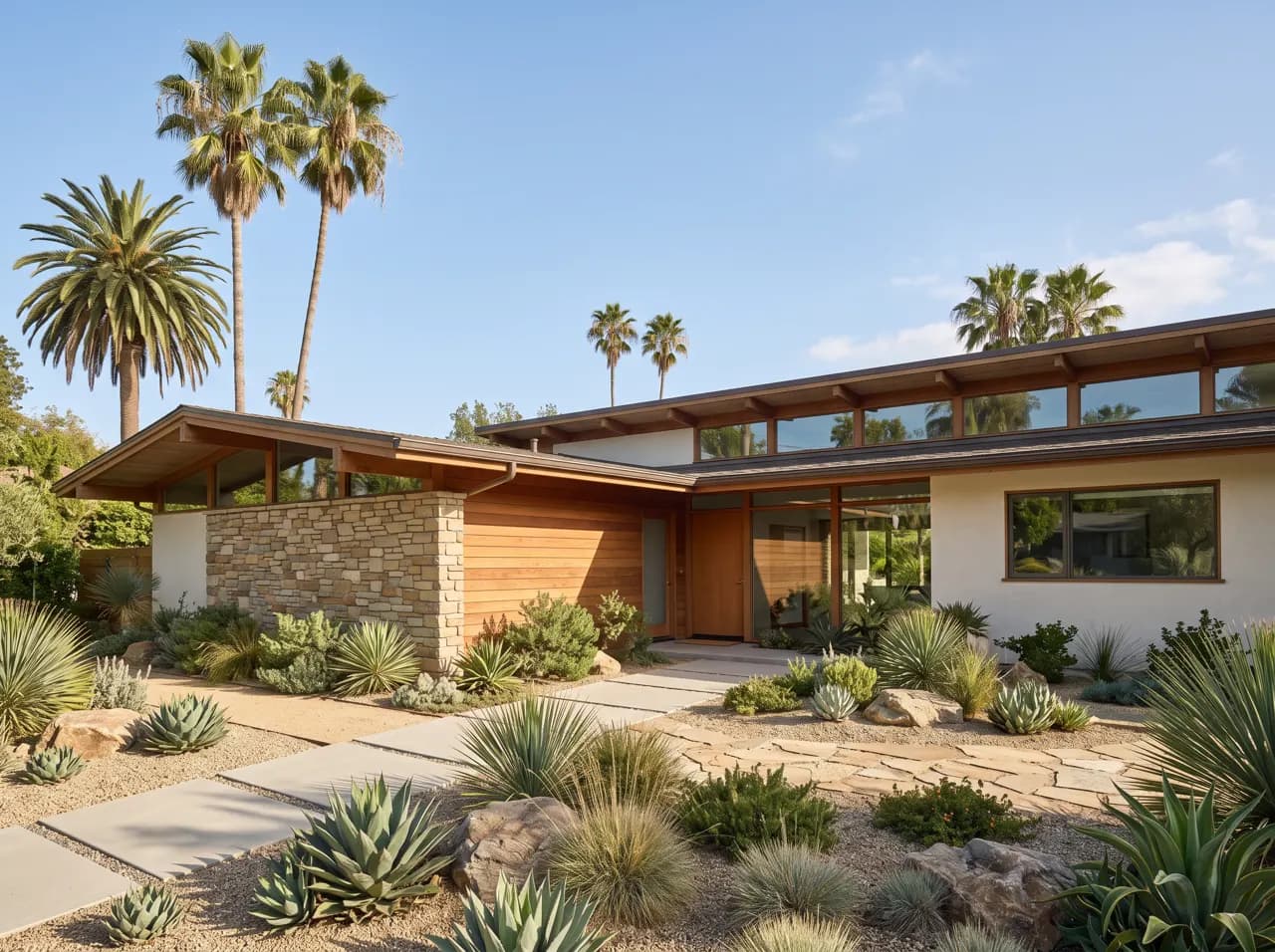 L-shaped mid-century ranch with low hipped roof, palms and stone accent