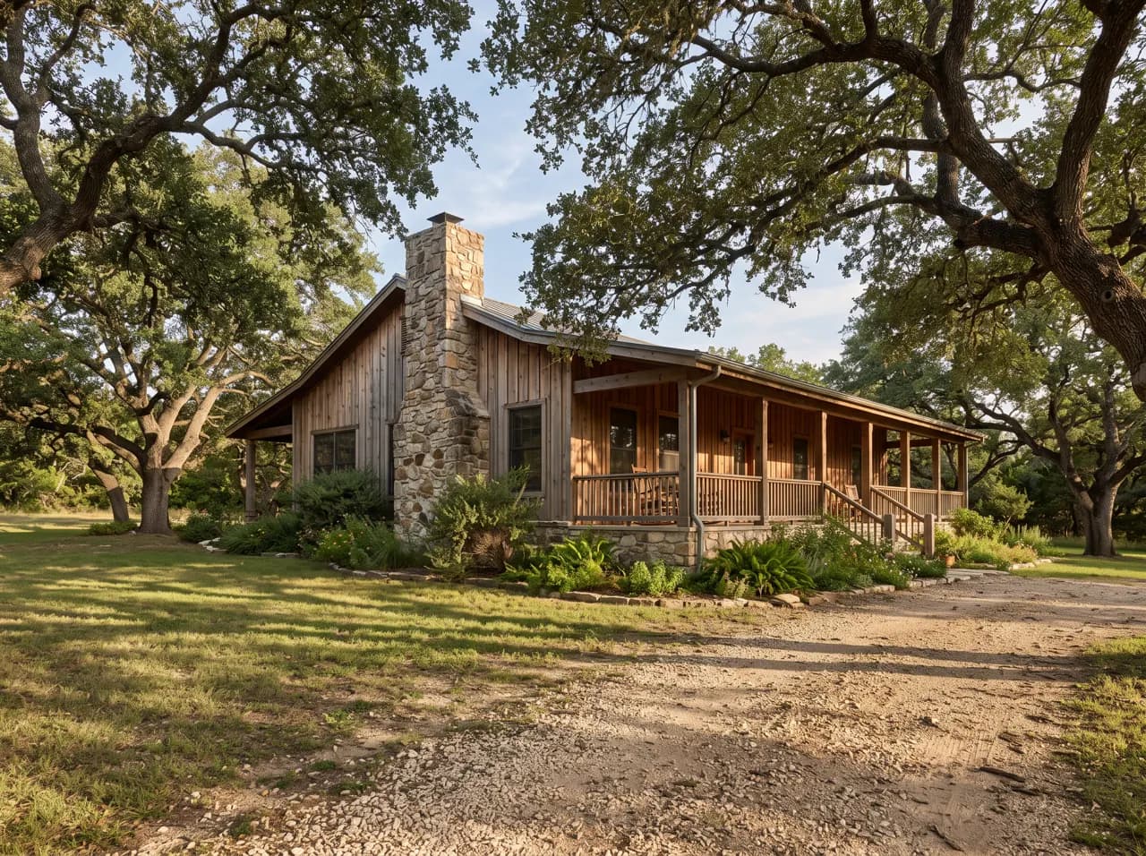 Rustic ranch style house with stone chimney, cedar siding and wraparound porch