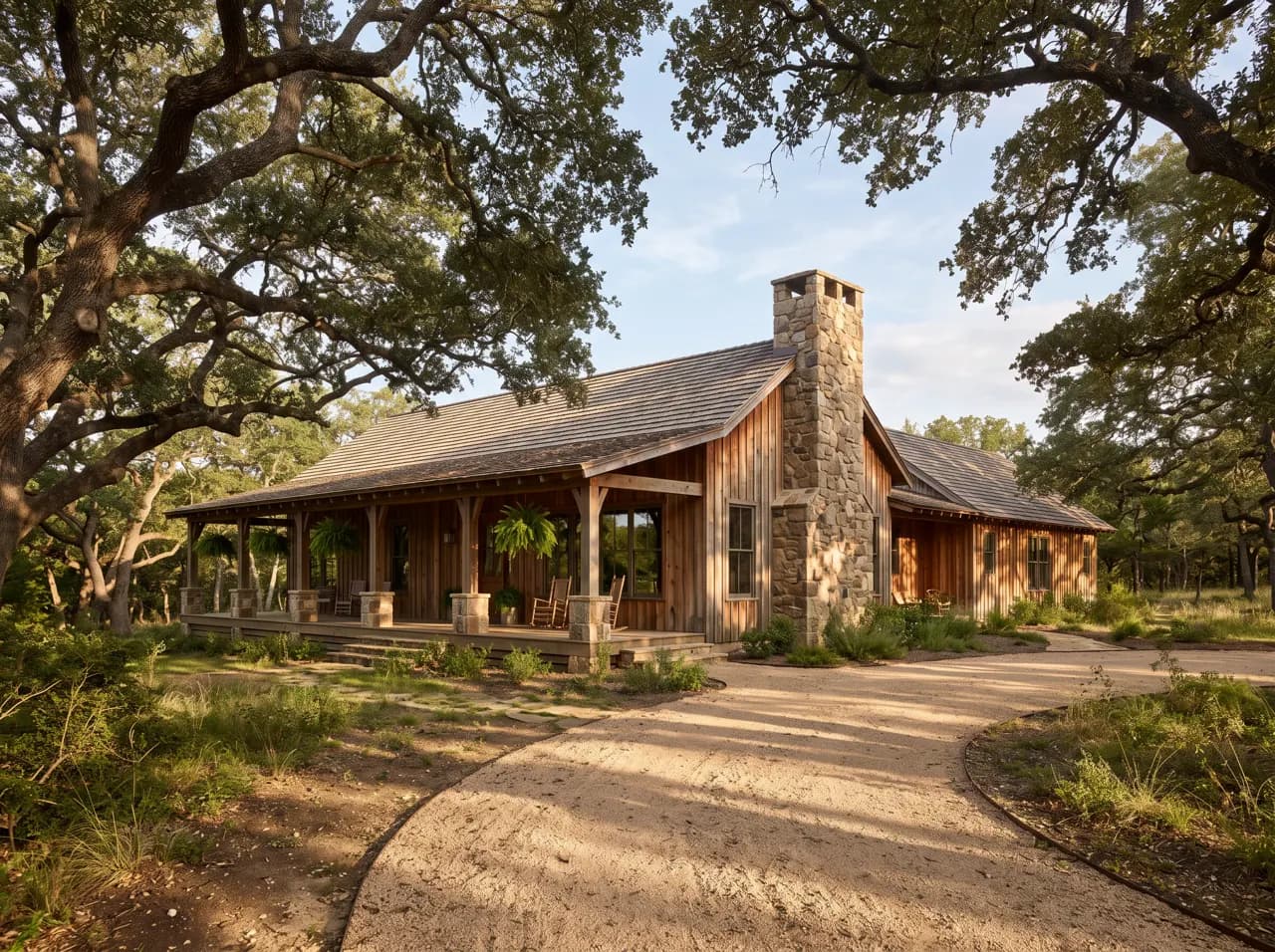 Rustic cedar ranch house with covered porch and gravel drive