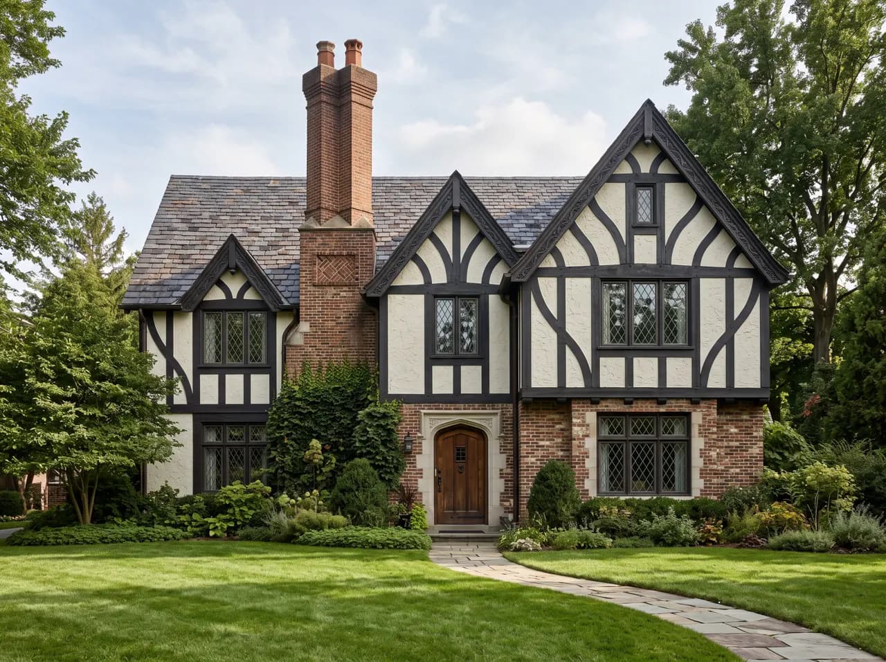 Tudor style house with steep gables, half-timbering and tall brick chimney