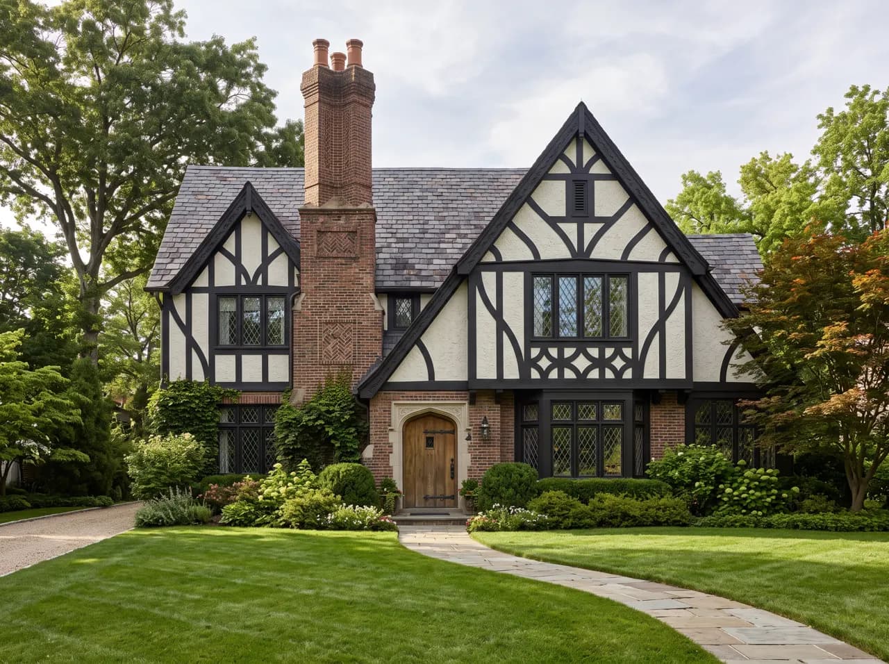 Tudor house with leaded windows and arched wooden front door