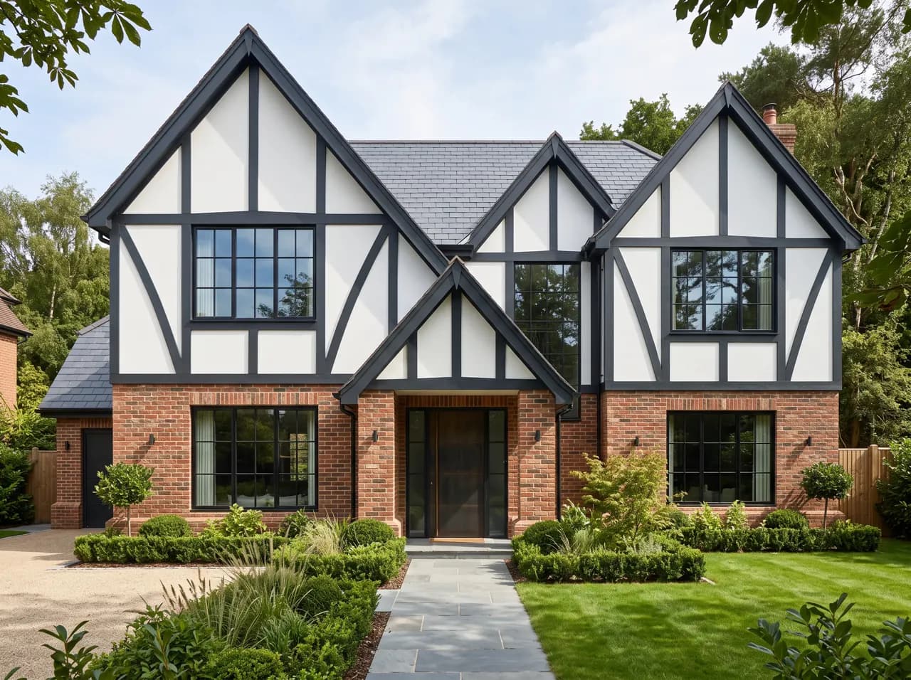 Modern Tudor house with black steel windows and brick ground floor
