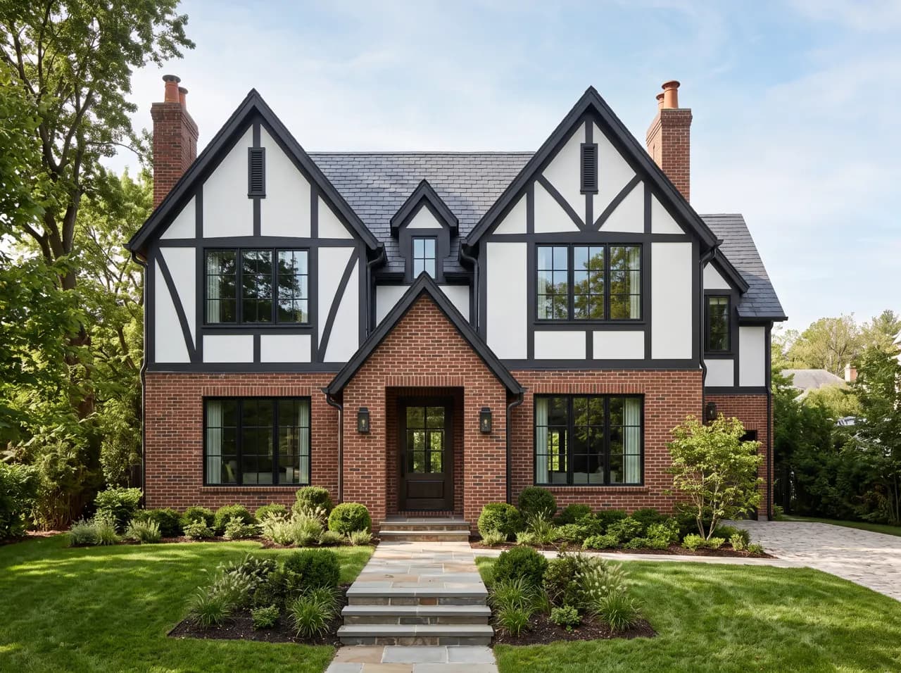 Modern Tudor revival home with symmetrical gables and slate roof