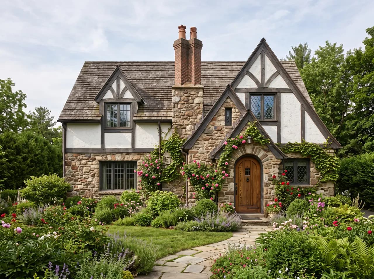 Tudor revival cottage with stone base, arched door and climbing roses