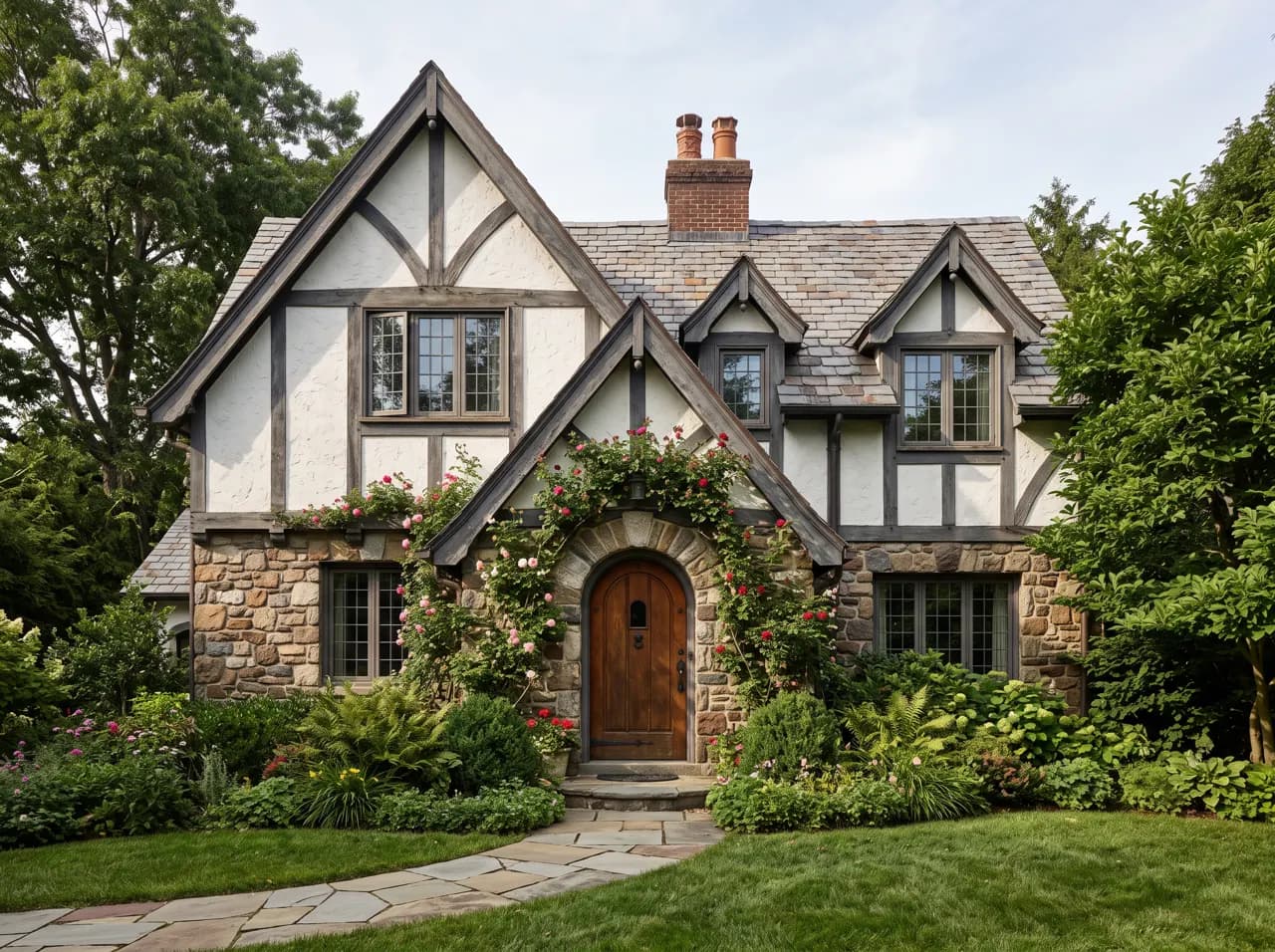 Storybook Tudor cottage with stucco gables and rounded entry