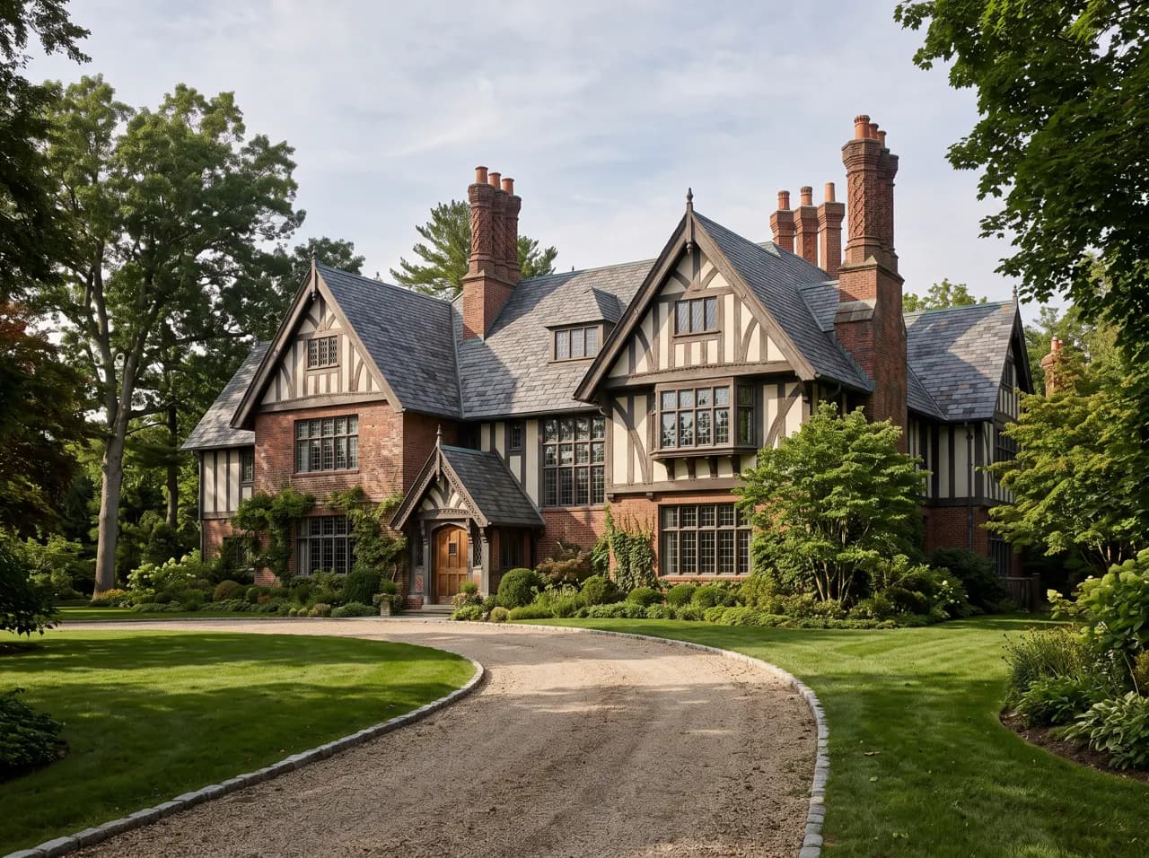 Large Tudor revival house with multiple gables and long driveway