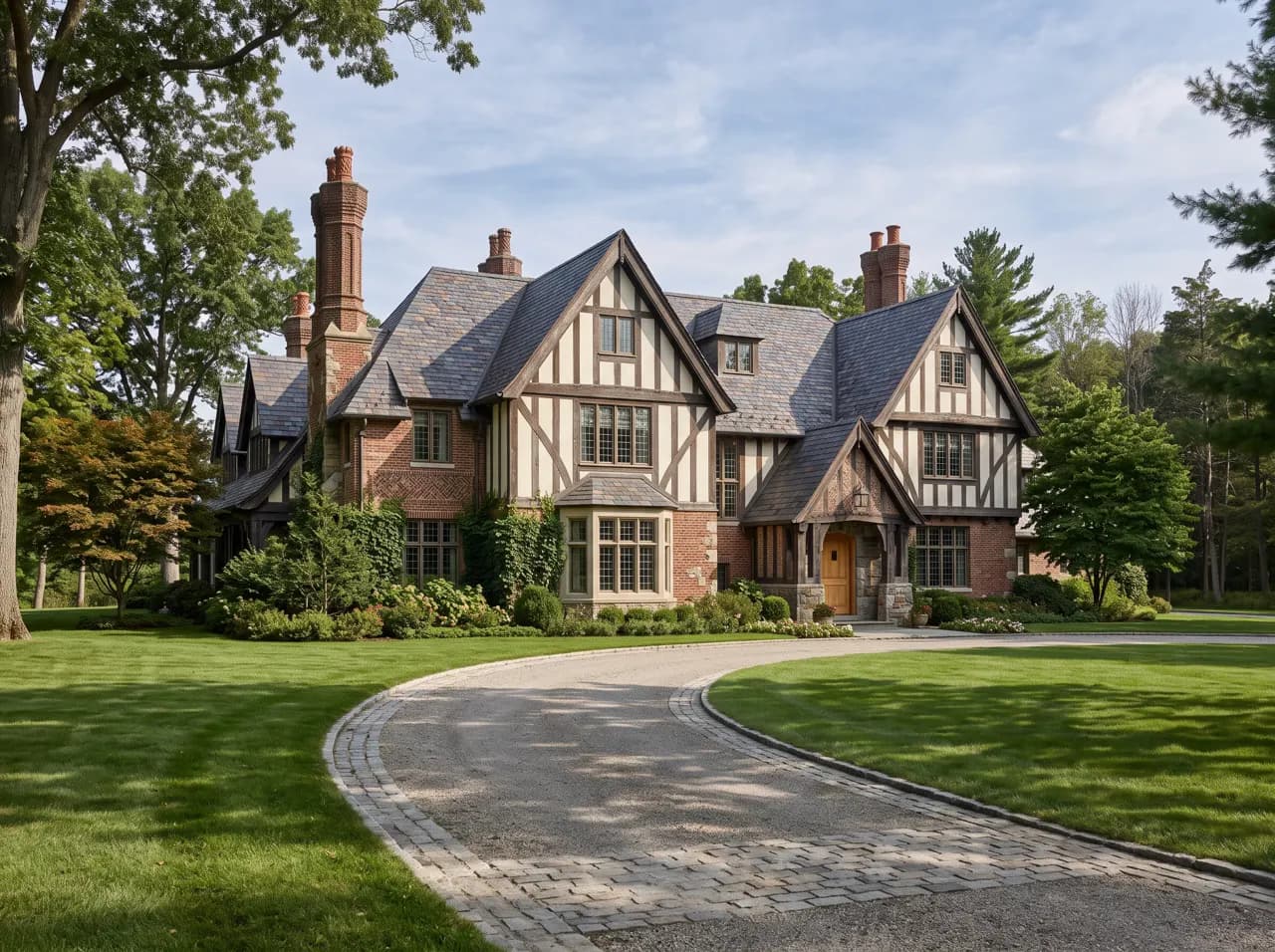 Tudor revival mansion with brick and half-timbered upper floors
