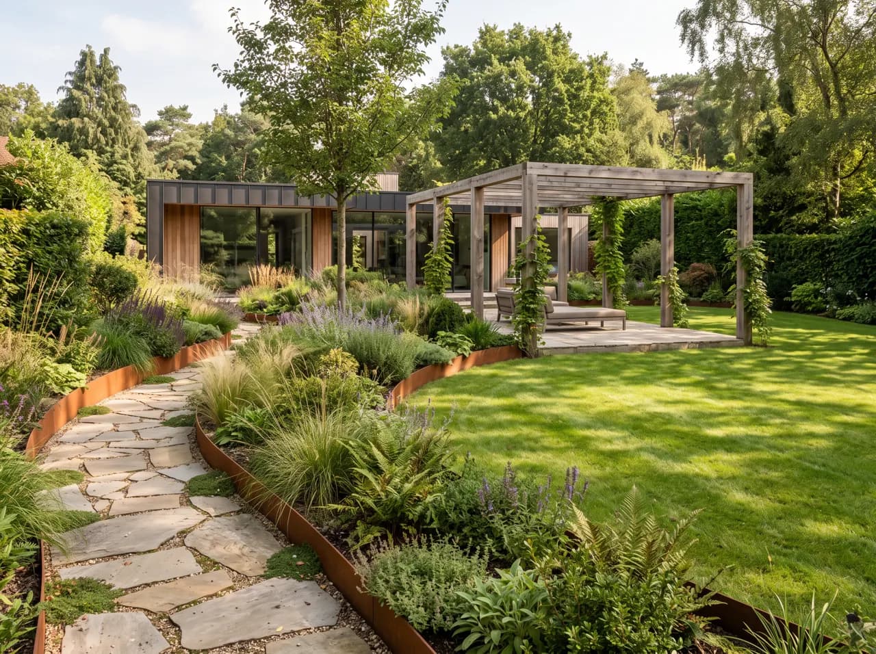 AI landscape design of a residential garden with corten steel edging, stone path and pergola