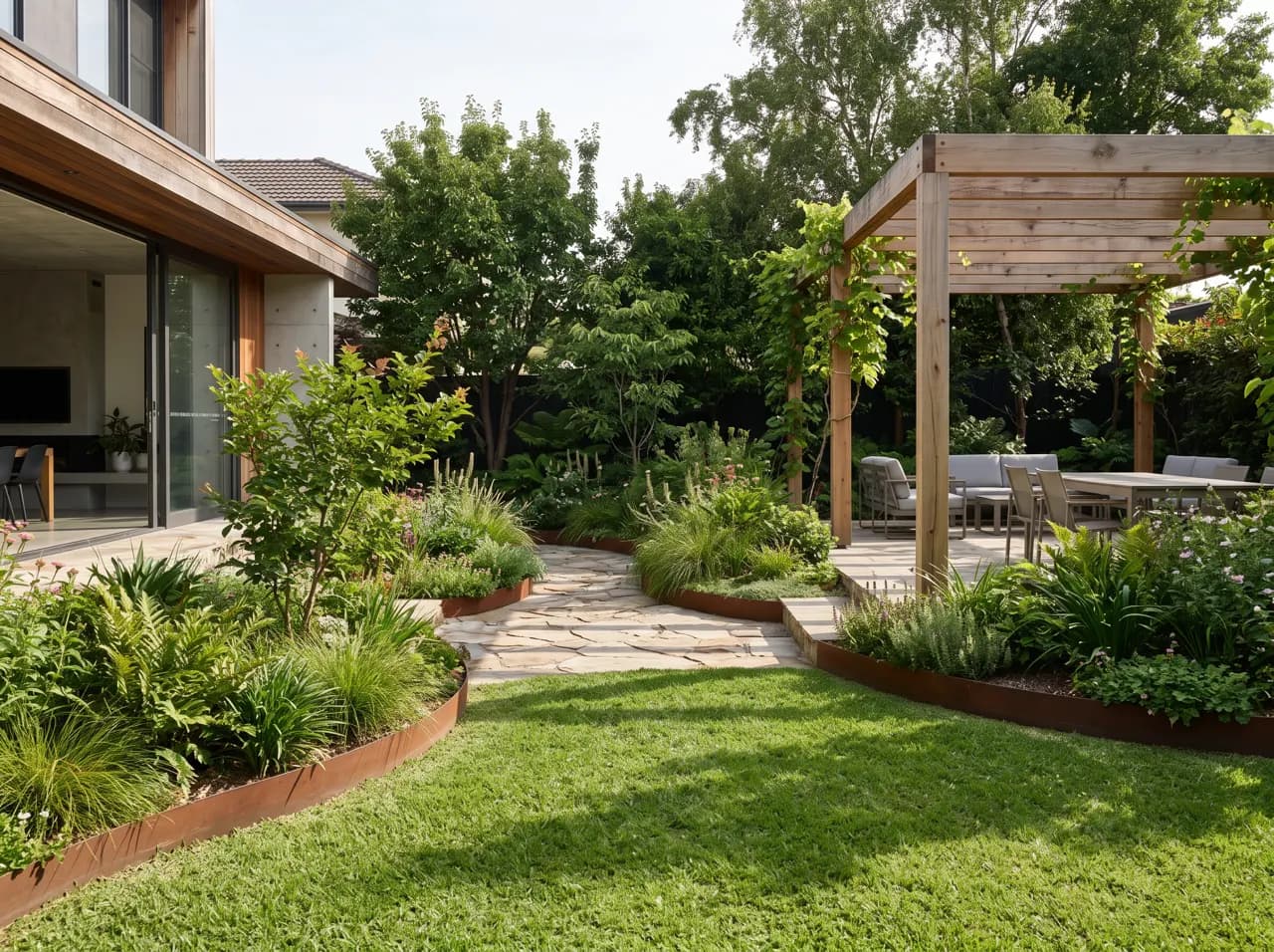 Landscape design render of a contemporary garden with lawn, planting beds and dining terrace