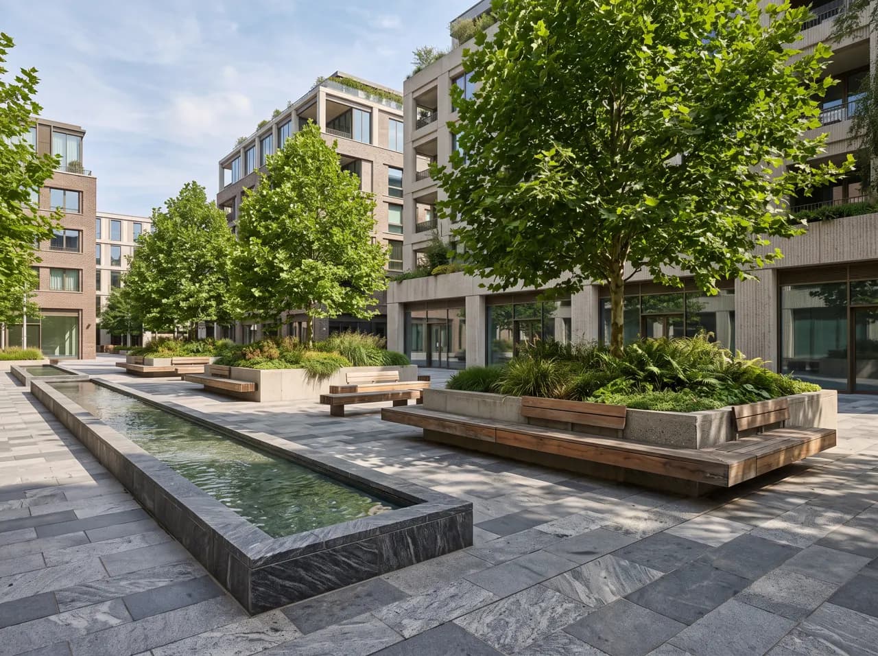 Urban plaza landscape render with timber benches, stone paving and water rill