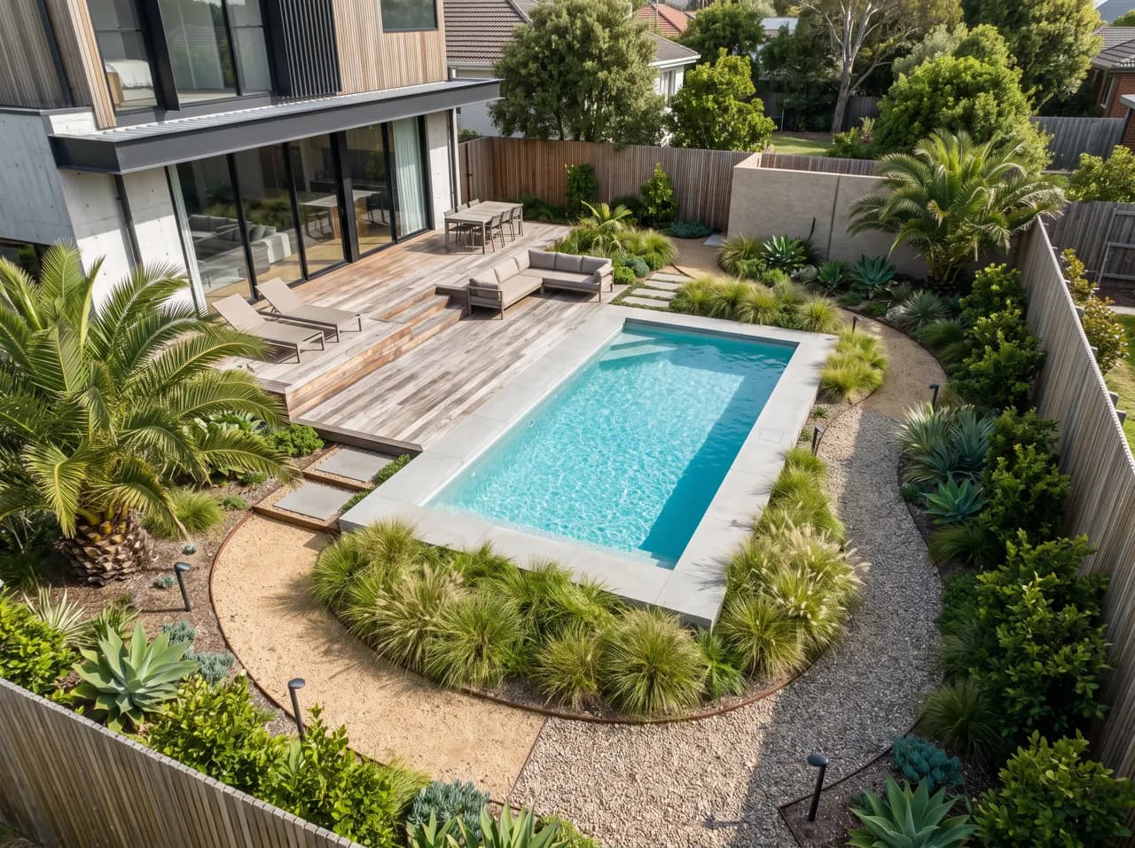 Backyard landscape design render with swimming pool, timber deck, grasses and gravel paths