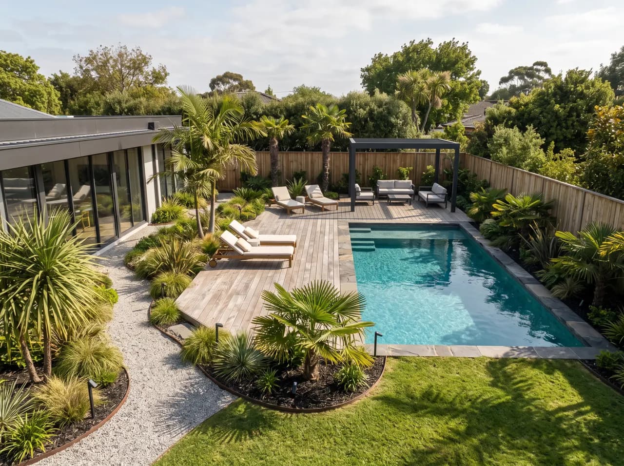 Aerial landscape render of a pool terrace, lawn and tropical planting