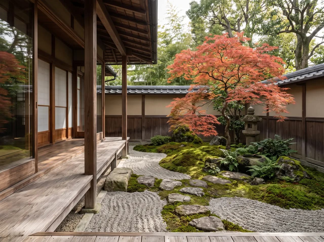 Japanese courtyard garden landscape render with raked gravel, moss and red maple