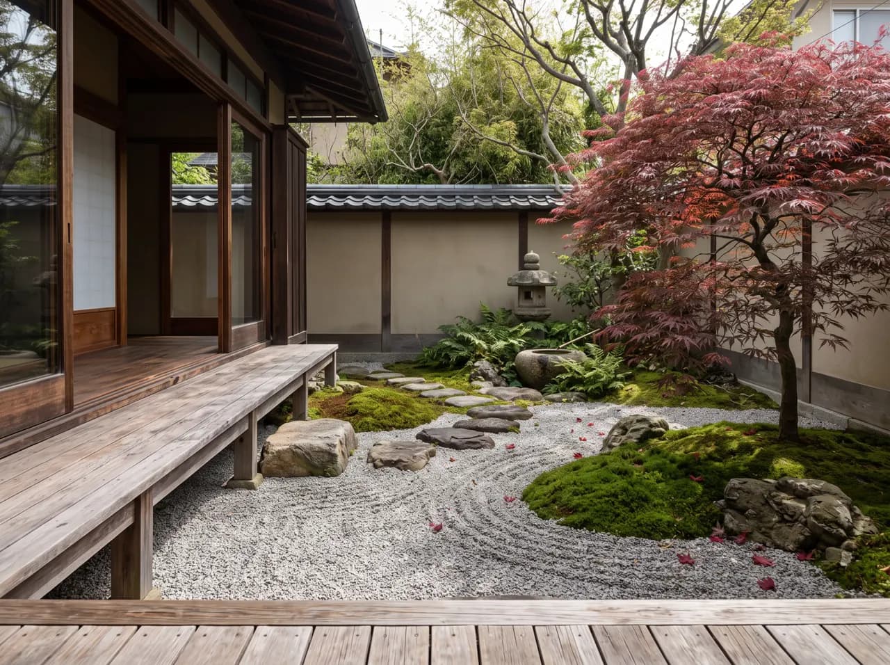 Japanese-inspired garden design render with stone lantern, gravel and timber deck