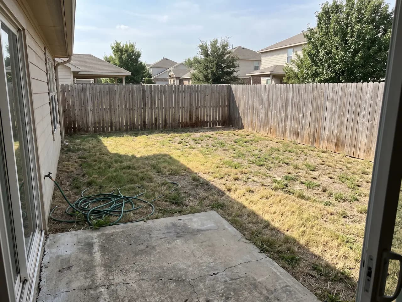 Backyard AI design: a bare backyard redesigned with a plunge pool, patio and olive trees — before