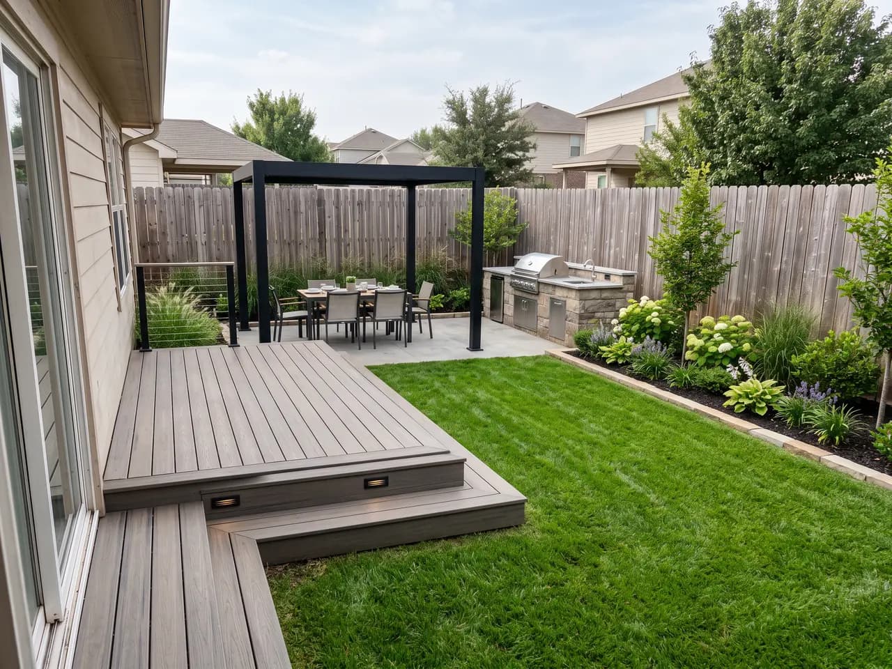 Backyard AI design with a raised deck, outdoor kitchen and dining table under a steel pergola — after