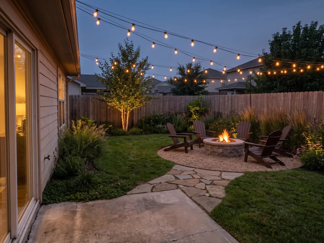 AI backyard design with a stone fire pit, Adirondack chairs and string lights at dusk — after