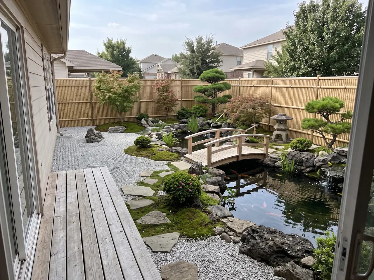 Japanese backyard garden with koi pond, timber bridge, raked gravel and stone lantern — after