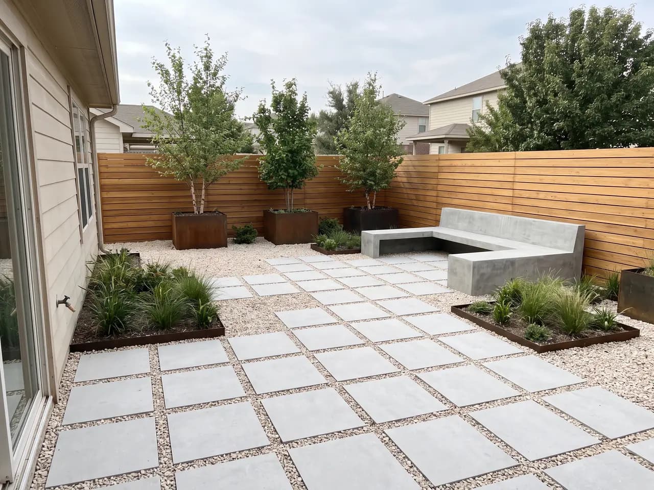Low-maintenance modern backyard with gravel, porcelain pavers, trees in planters and a concrete bench — after