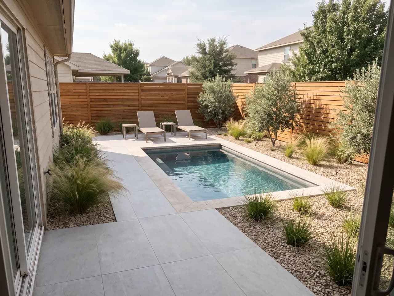 Backyard AI design: a bare backyard redesigned with a plunge pool, patio and olive trees — after