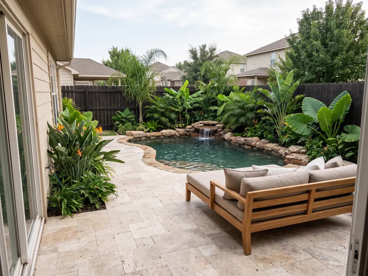 Tropical backyard design with palms, natural stone pool, waterfall and teak daybed — after