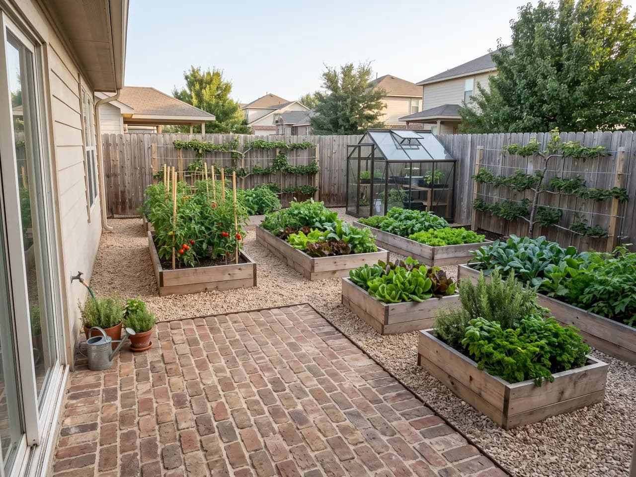Backyard redesigned as a kitchen garden with cedar raised beds, gravel paths and a small greenhouse — after