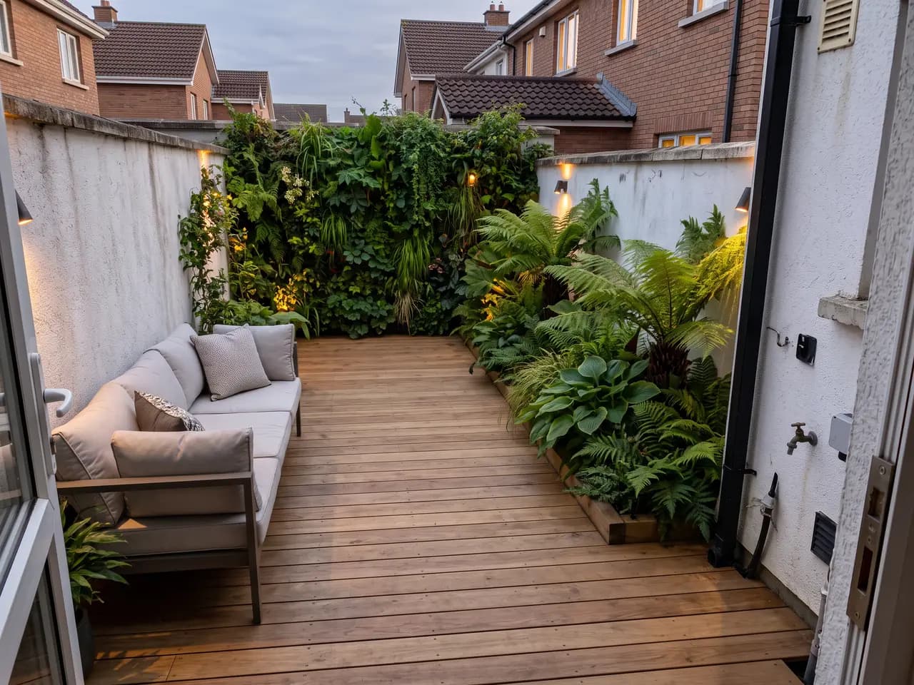Lush city courtyard with a living wall, timber deck and outdoor sofa at dusk, designed with AI — after