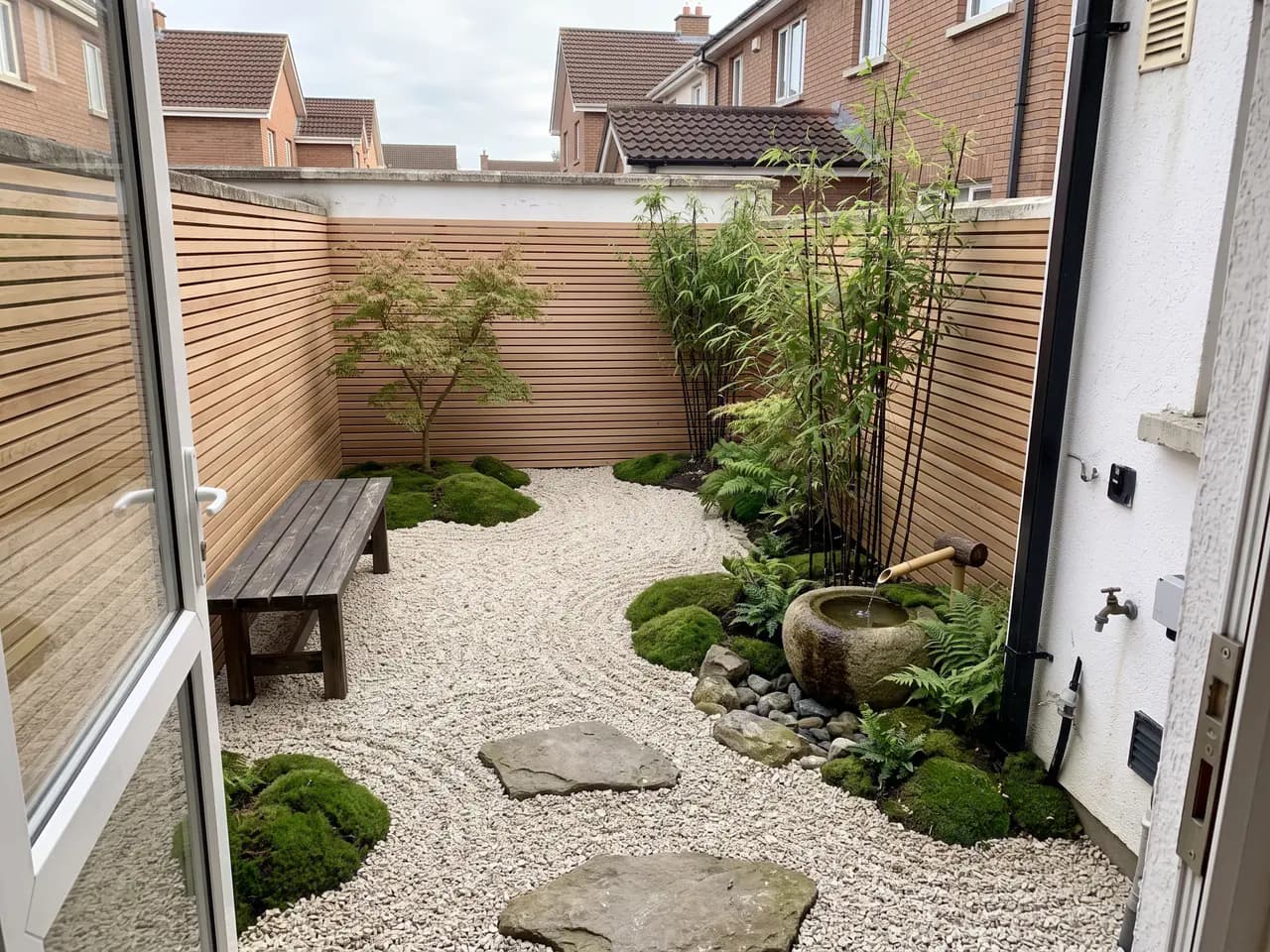 Japanese courtyard garden with raked gravel, moss and a stone basin generated from a patio photo — after