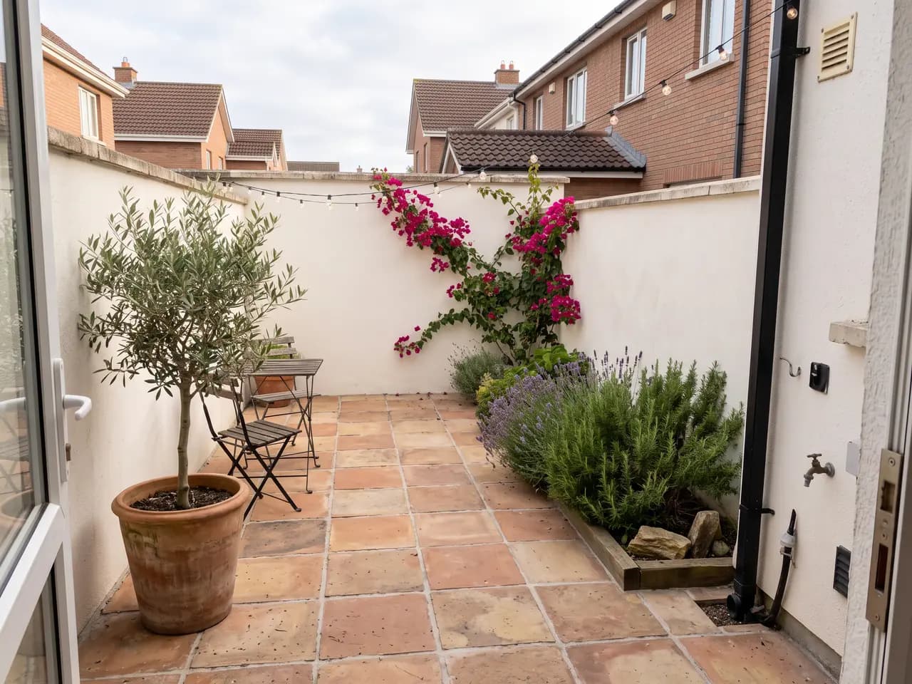 Small walled courtyard redesigned as a Mediterranean patio with terracotta tiles and an olive tree — after