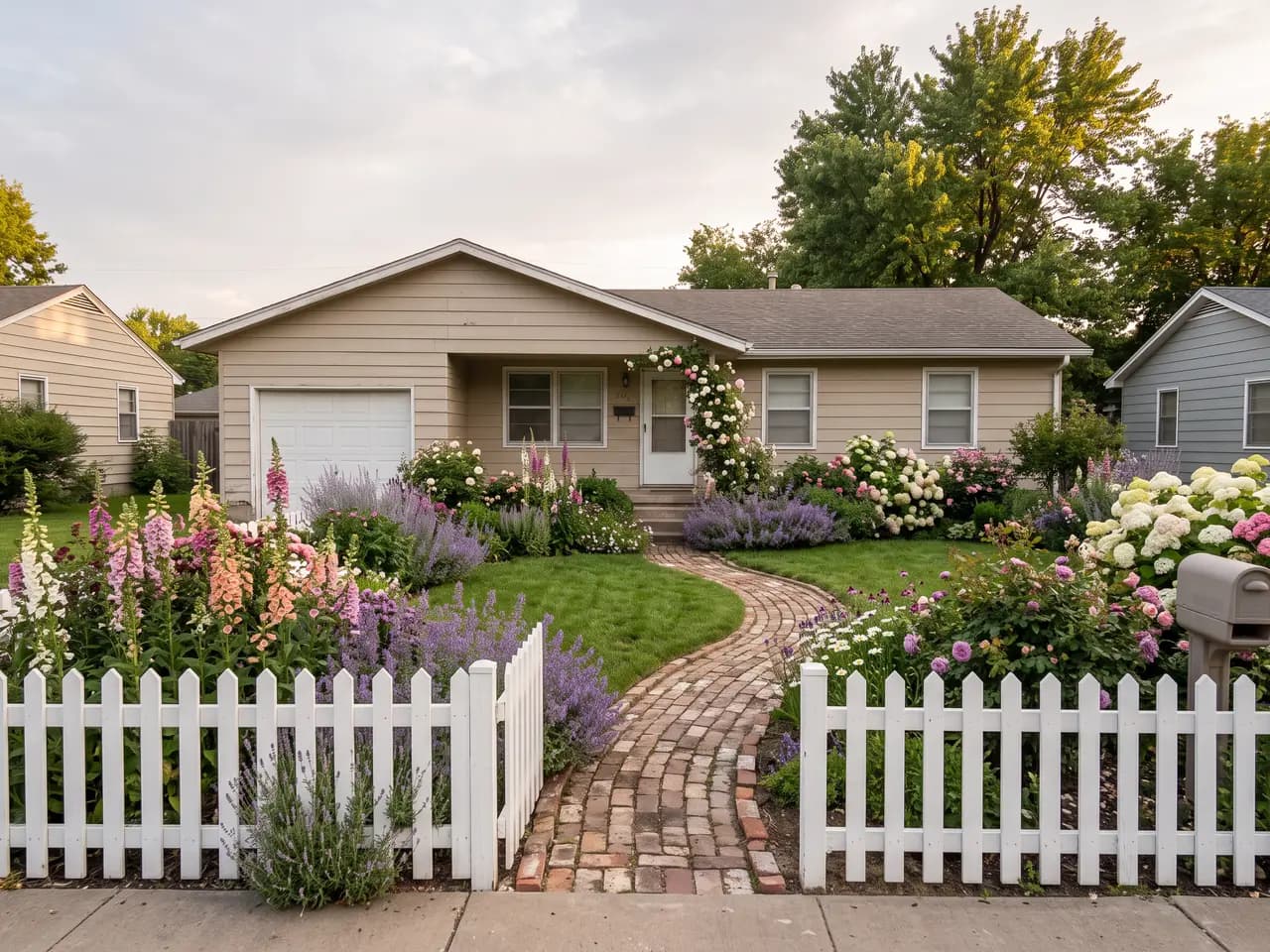 Free AI landscape generator result: a plain front yard redesigned as a cottage garden — after