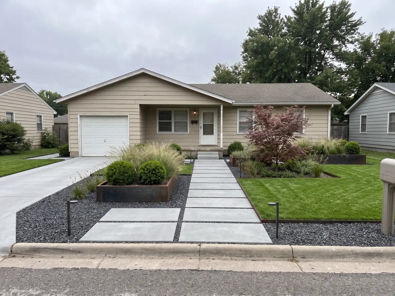 Modern front yard landscape design generated from a photo with concrete pavers and ornamental grasses — after
