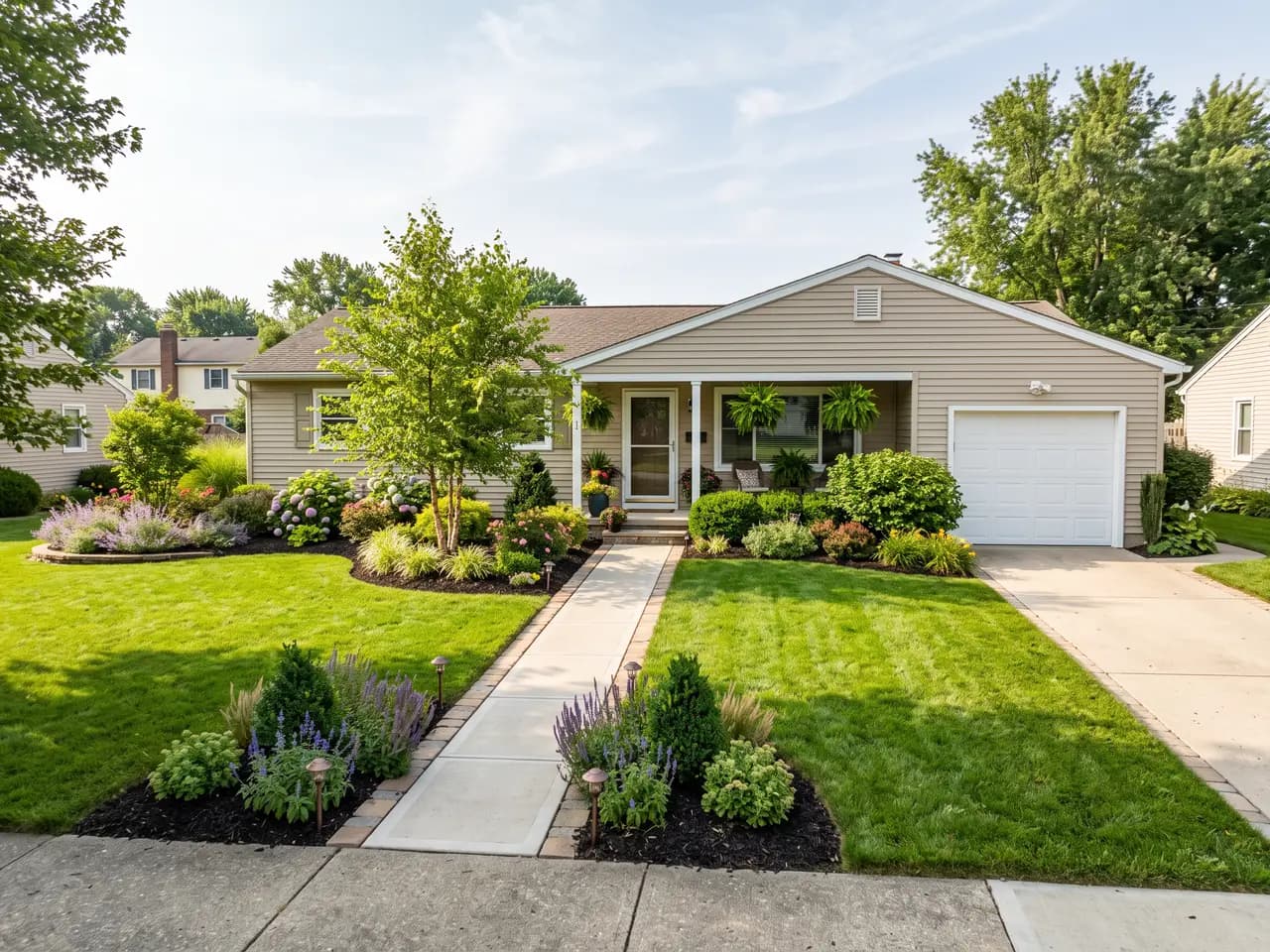 Ranch house front yard landscaping with lawn, mulched flower beds and lavender along the walkway
