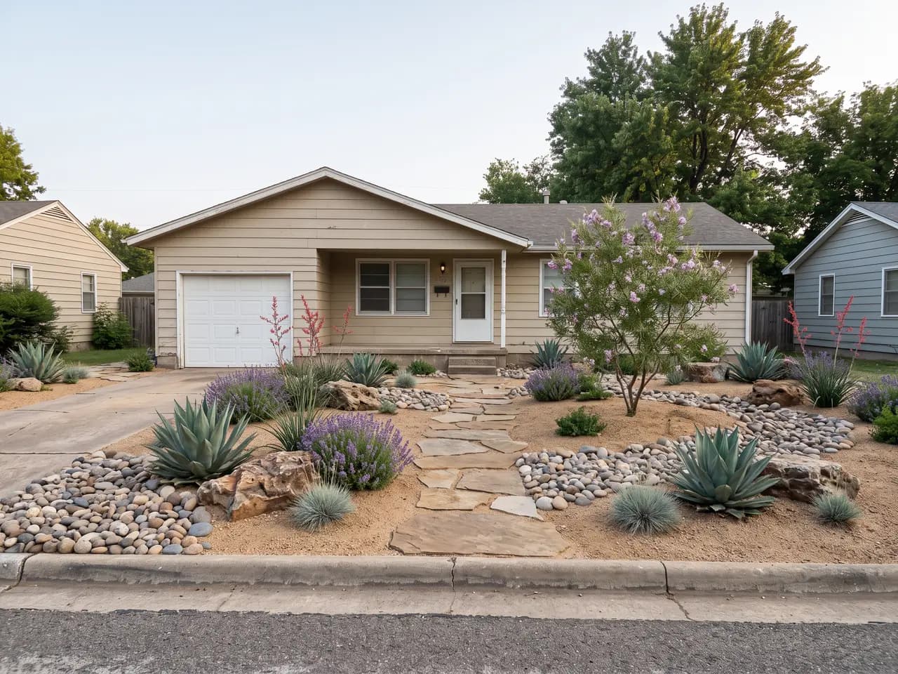 Drought-tolerant xeriscape front yard with agave, lavender and decomposed granite made with AI from a photo — after
