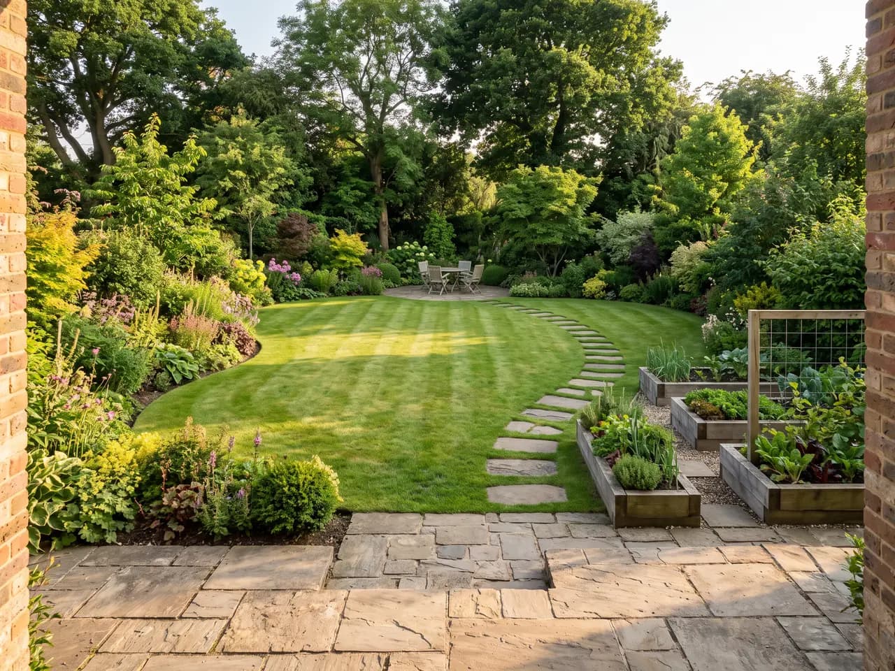 AI garden design eye-level render of a hand-drawn plan: curved lawn, stepping stones and flowering borders — after