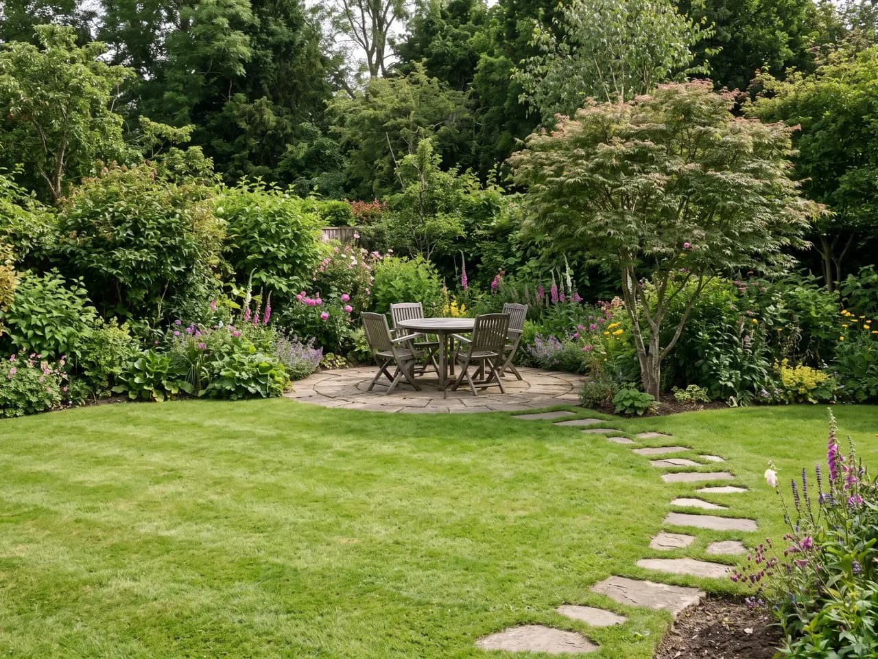 Garden design render of a circular stone seating area with table and chairs among flowering borders — after
