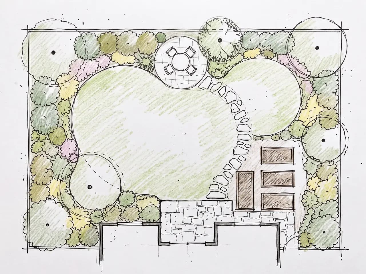 AI garden design render of a hand-drawn garden plan with lawn, borders and seating area — before