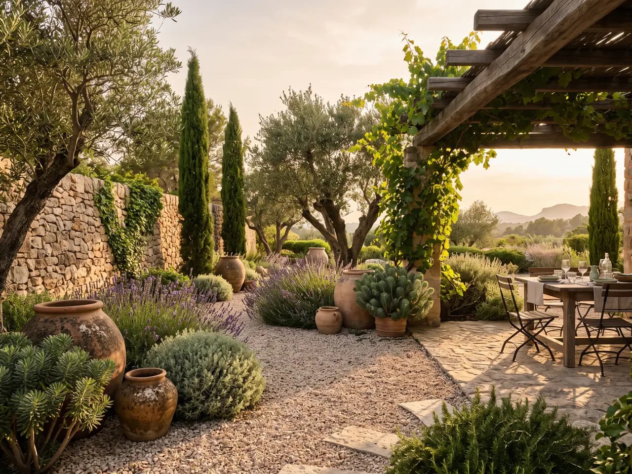 Mediterranean gravel garden design with olive trees, cypress and lavender around a dining pergola