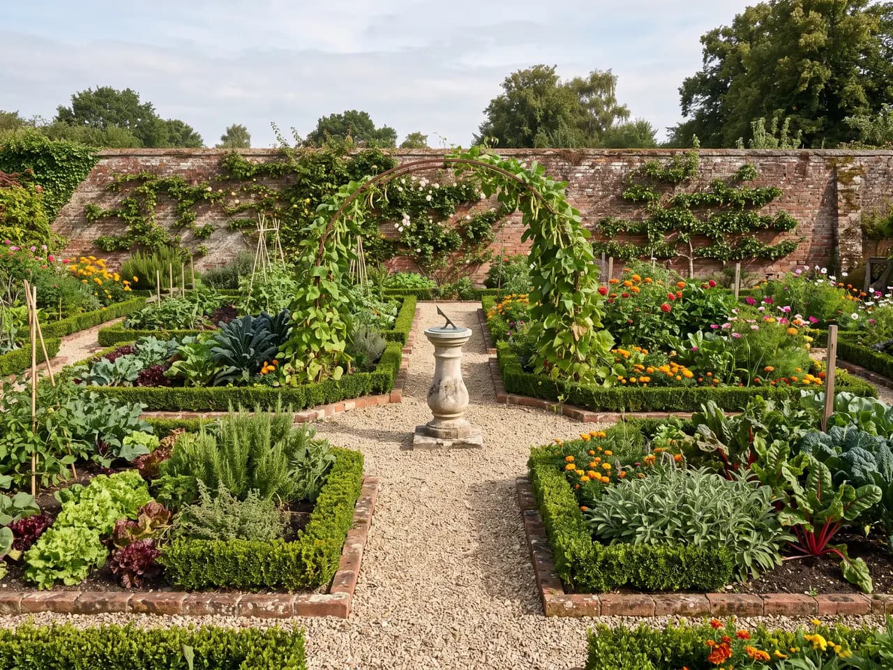 Formal potager kitchen garden design with brick-edged vegetable beds, box hedges and a sundial