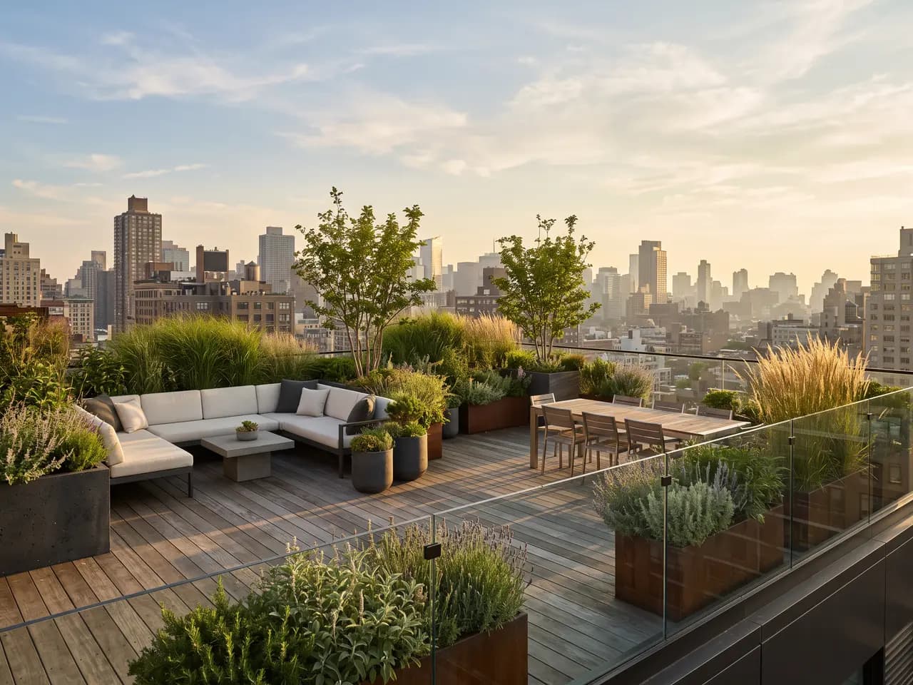 Rooftop garden design with timber deck, planters, outdoor dining and city skyline at golden hour