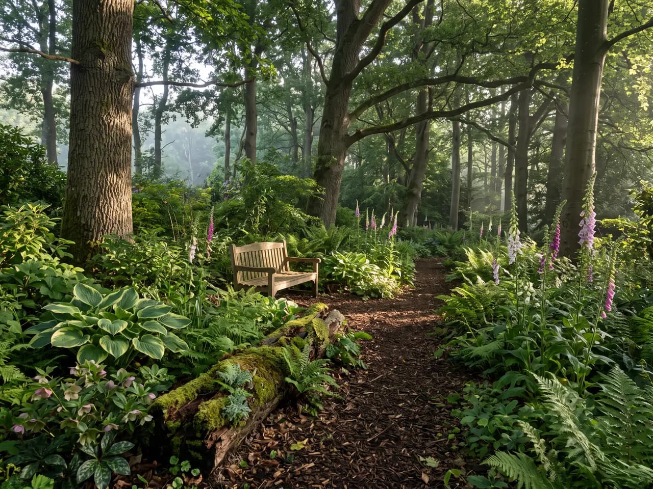 Woodland shade garden design with ferns, hostas, foxgloves and a bark path under mature trees