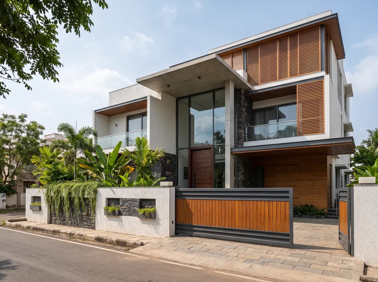 Modern elevation with double-height glazing and timber louvers