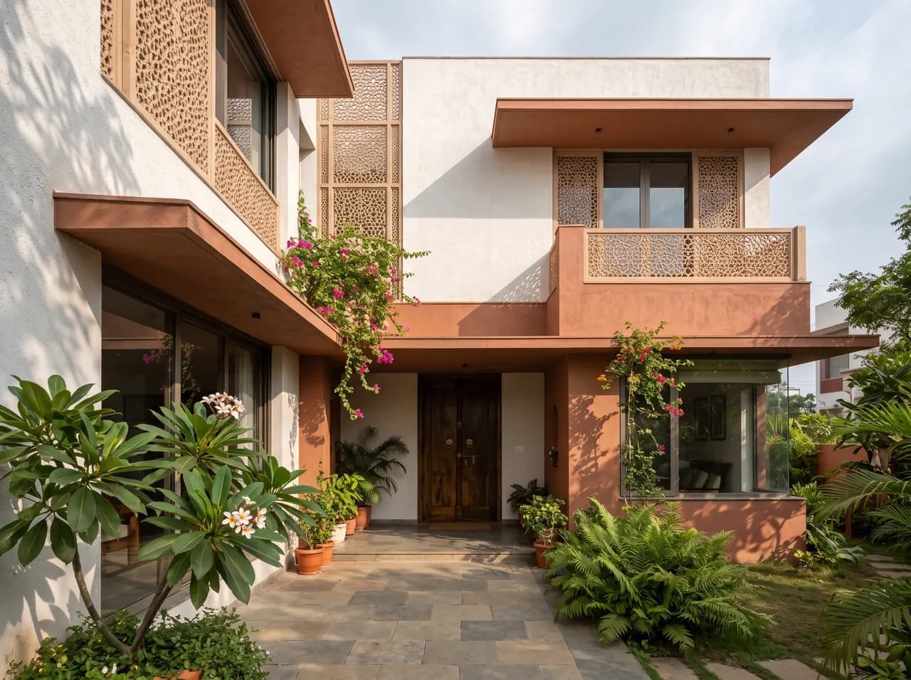 House exterior in terracotta and white colour combination with jali screens