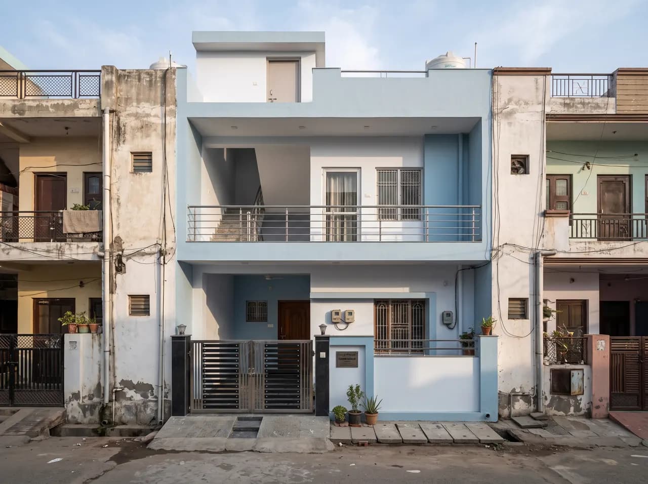 House outside colour design in pastel blue and white