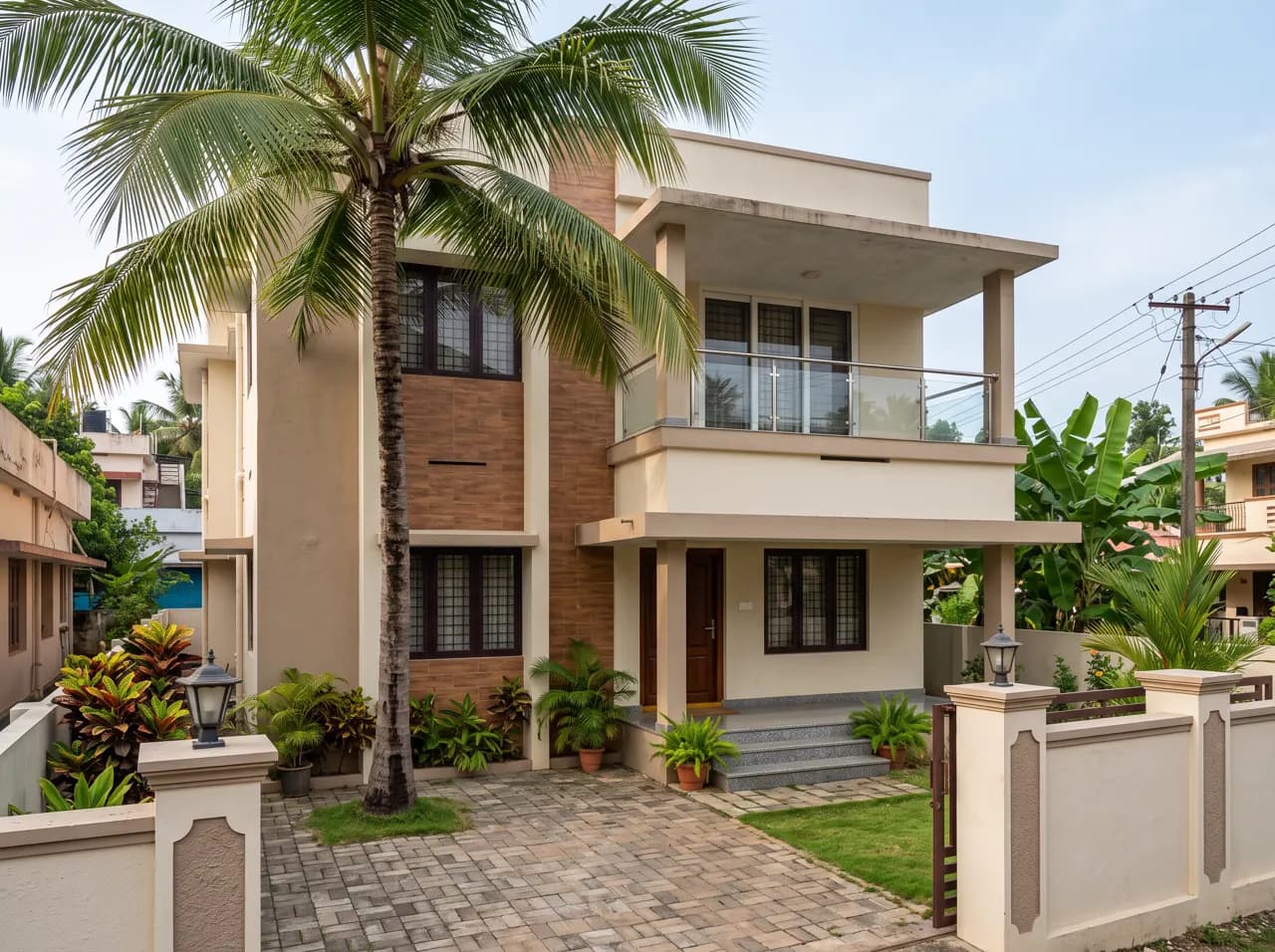 House elevation in cream with brick-red accent and wood tones