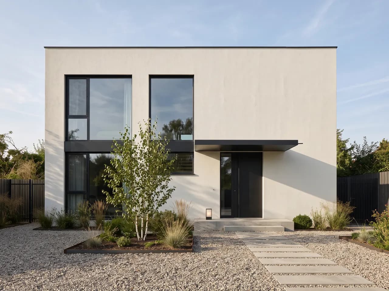 Off-white house exterior with black window frames
