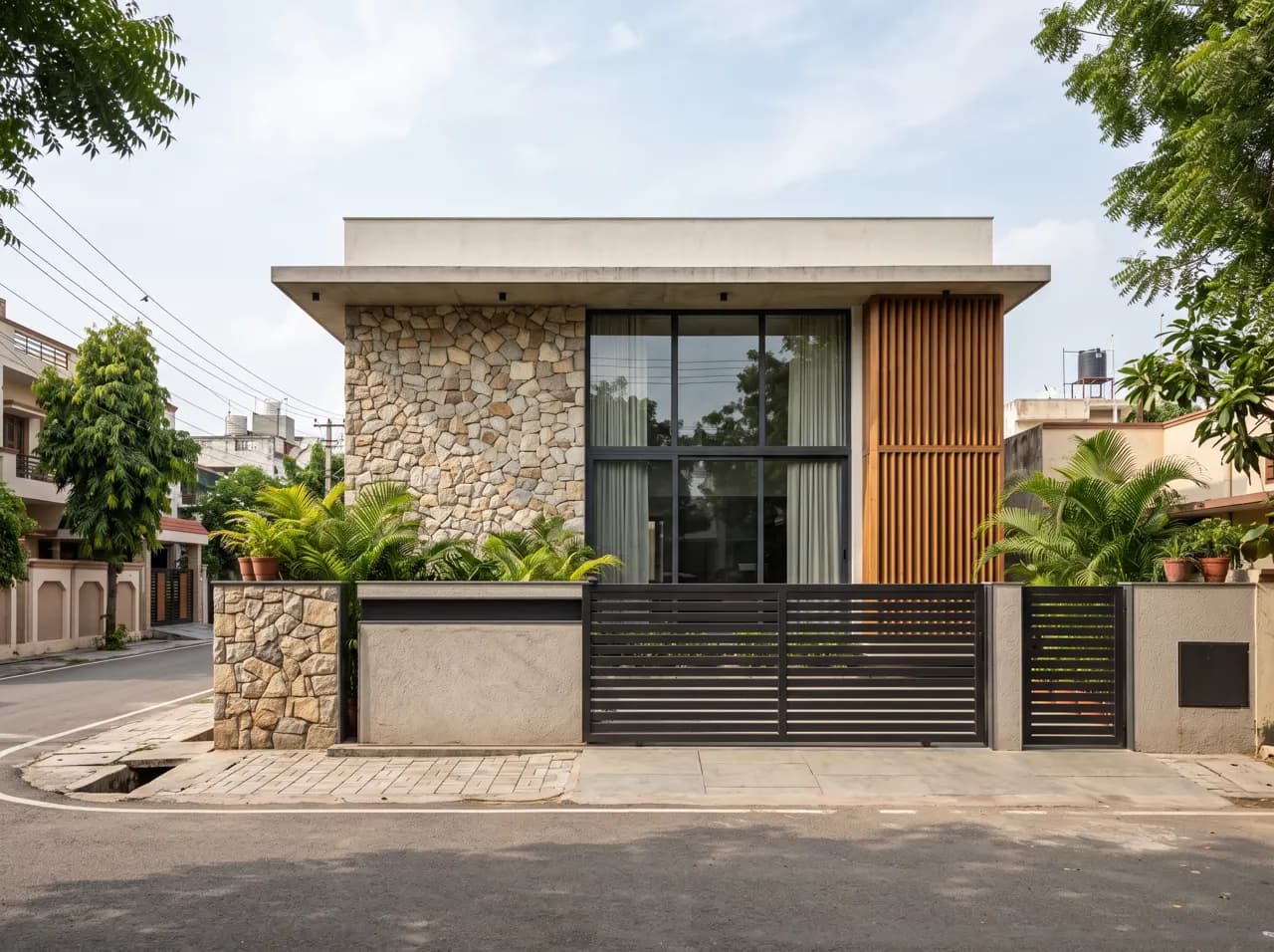 Modern front elevation with random stone wall, timber fins and full-height glass