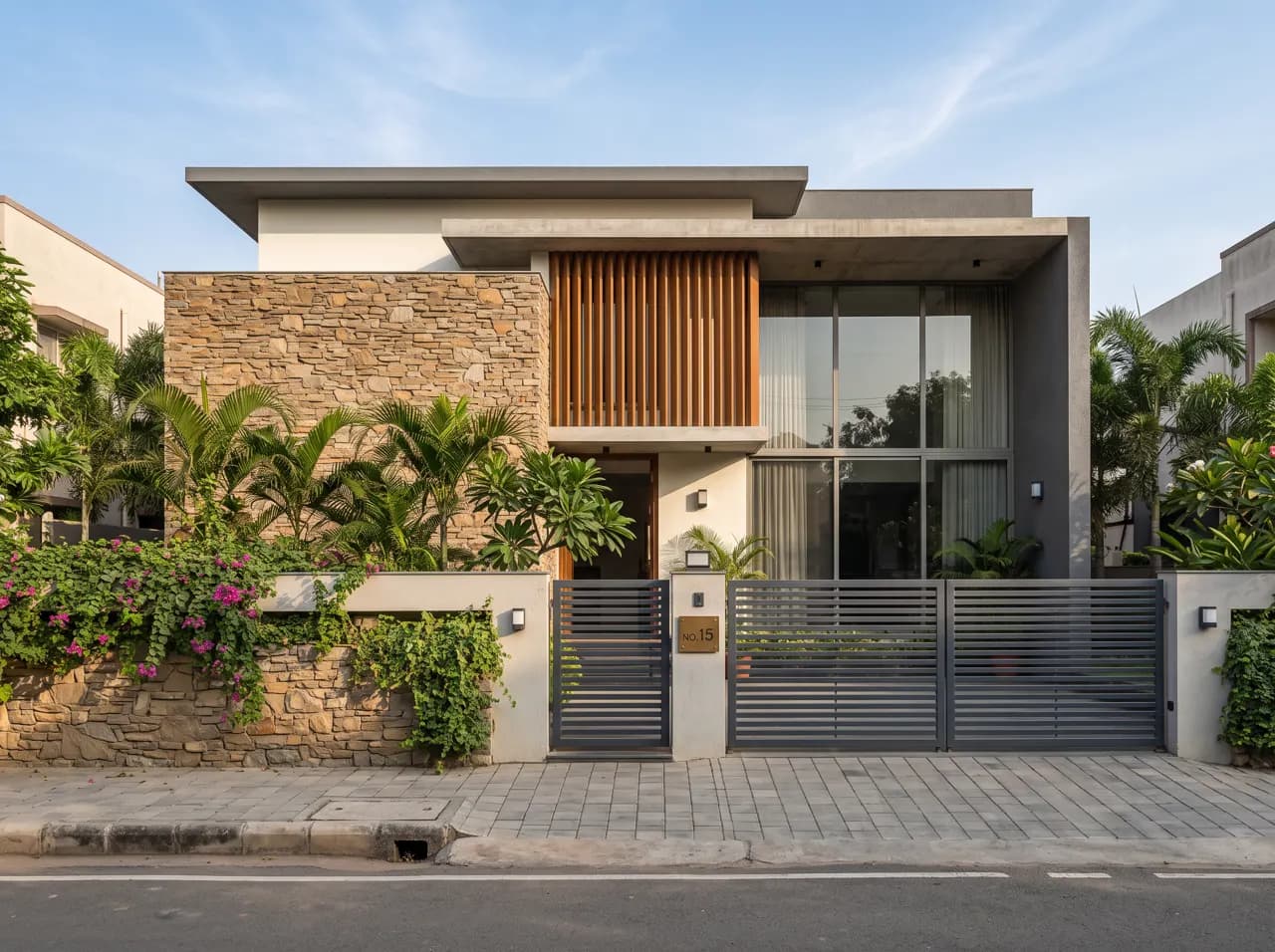 Modern single floor elevation with stone cladding and timber louvers