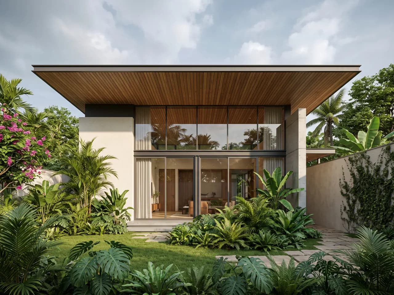 Modern bungalow elevation with large overhang and floor-to-ceiling glass
