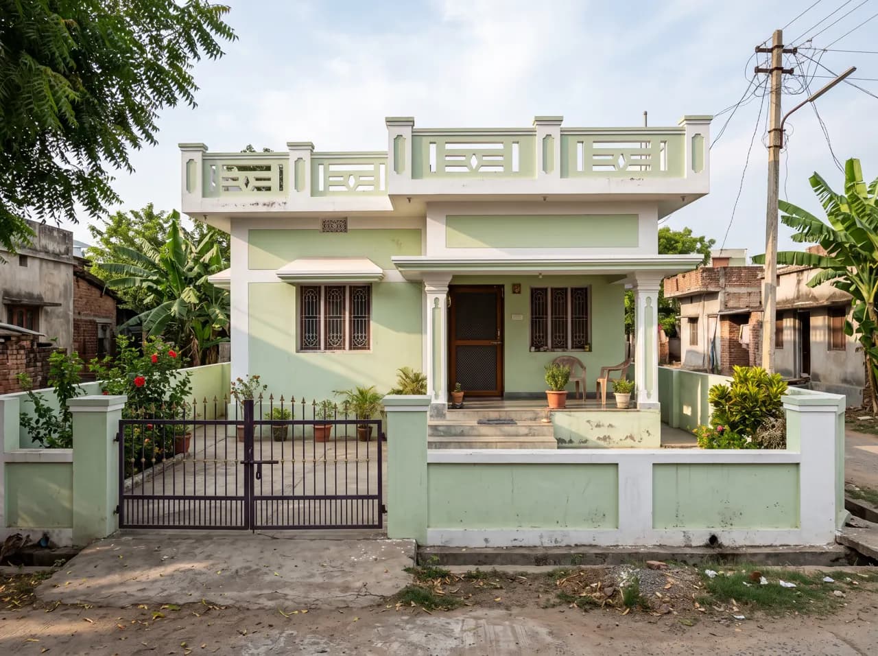 Single floor house exterior in light green and white colour combination