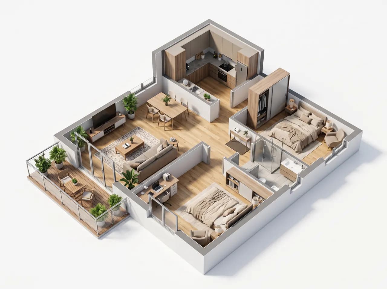 Isometric 3D floor plan of a two-bedroom apartment with open kitchen and balcony